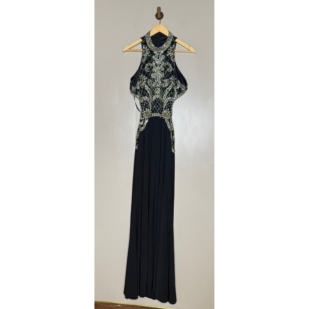 Black Beaded Cutout Formal Gown Green Gold Rhinestone Evening Dress Size 10